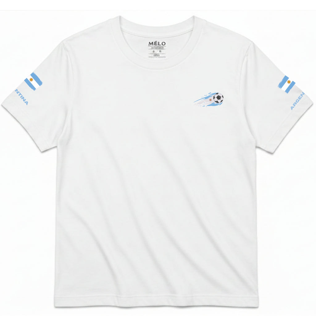 Argentina Soccer Tee – front view showing soccer ball with Argentina flag trail chest graphic