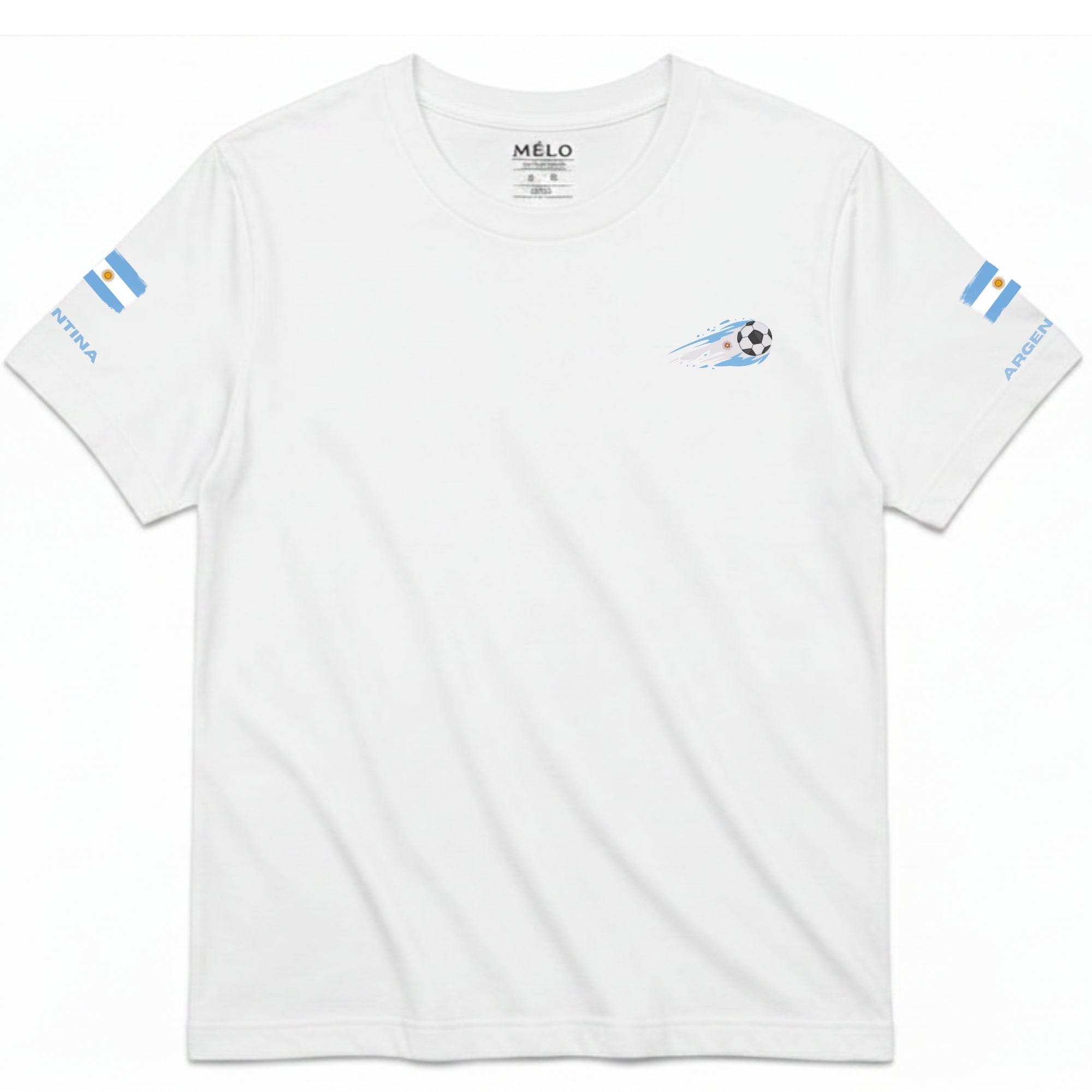 Argentina Soccer Tee – front view showing soccer ball with Argentina flag trail chest graphic