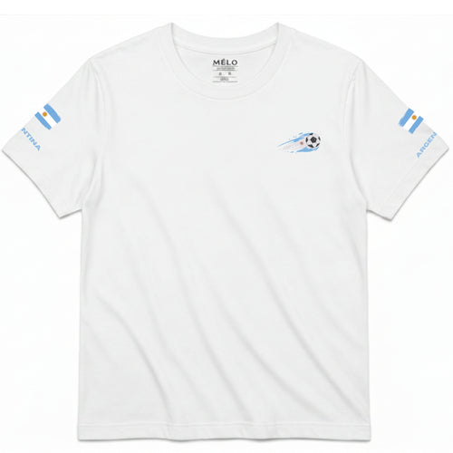 Argentina Soccer Tee – front view showing soccer ball with Argentina flag trail chest graphic