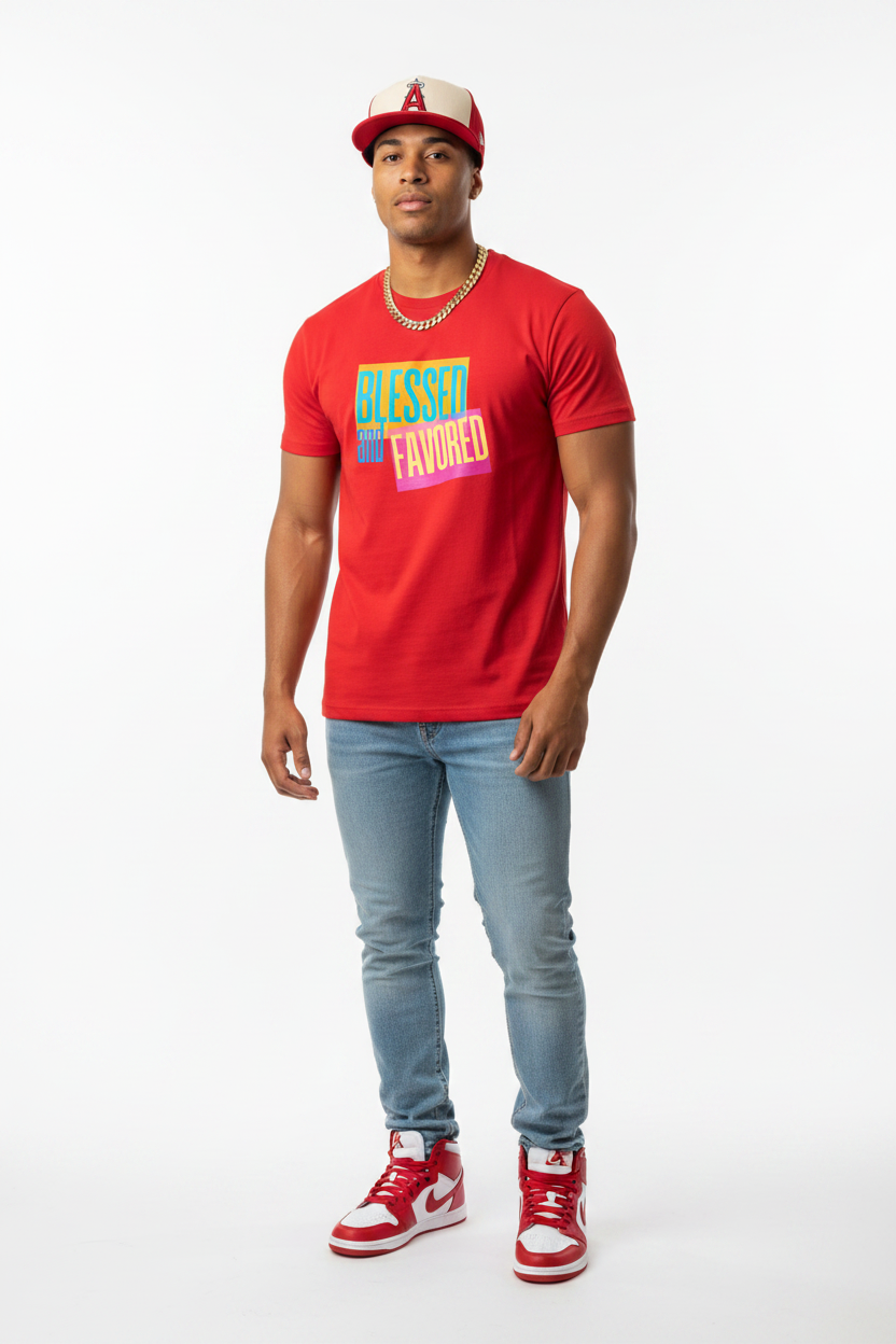 Blessed & Favored – Red – Strong Male + LA Cap + Chain
