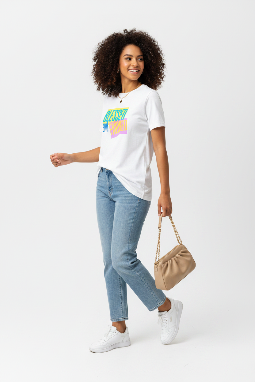 Blessed & Favored – White – Untucked + Purse + Running Sneakers + Different Pose