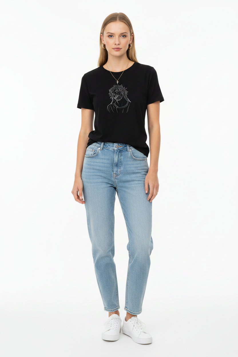 Christ Face – Slim White Female – Jewelry + Light Blue Denim