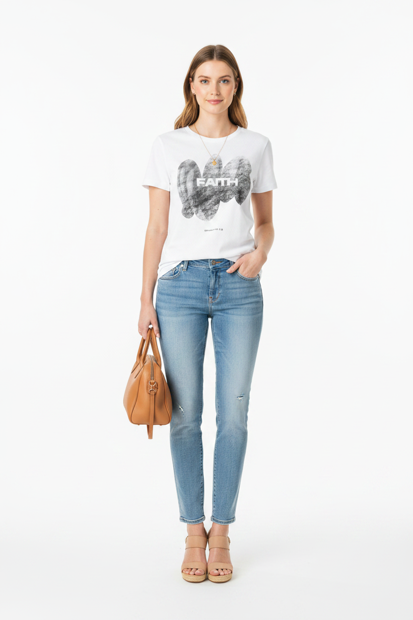 Faith Tee – White – Medium Build Female + Jewelry + Purse + Wedge Heels