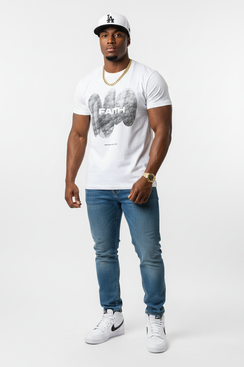 Faith Tee – White – Strong Brown Male + Chain + Watch + LA Cap + Basketball Sneakers