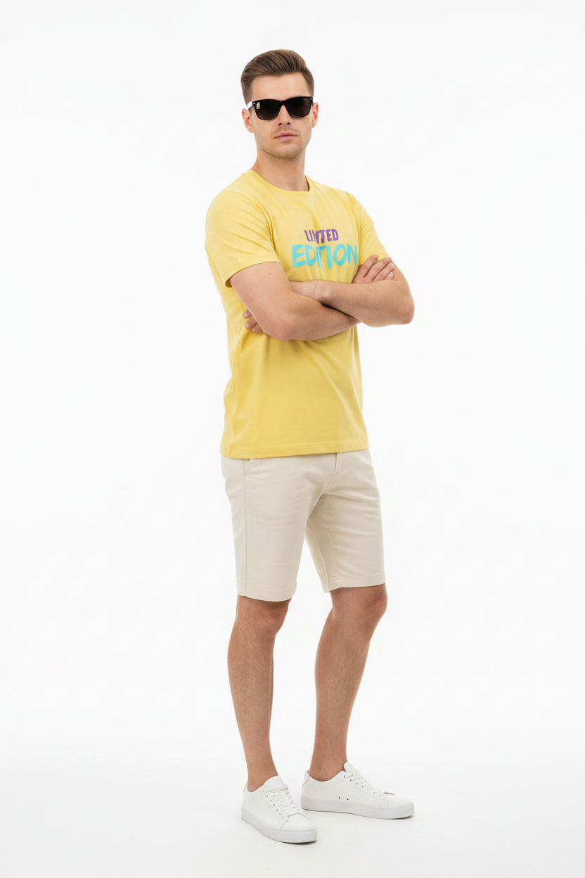 Limited Edition – Yellow – Medium Build White Male + Shades + Cream Chino Shorts + Different Pose