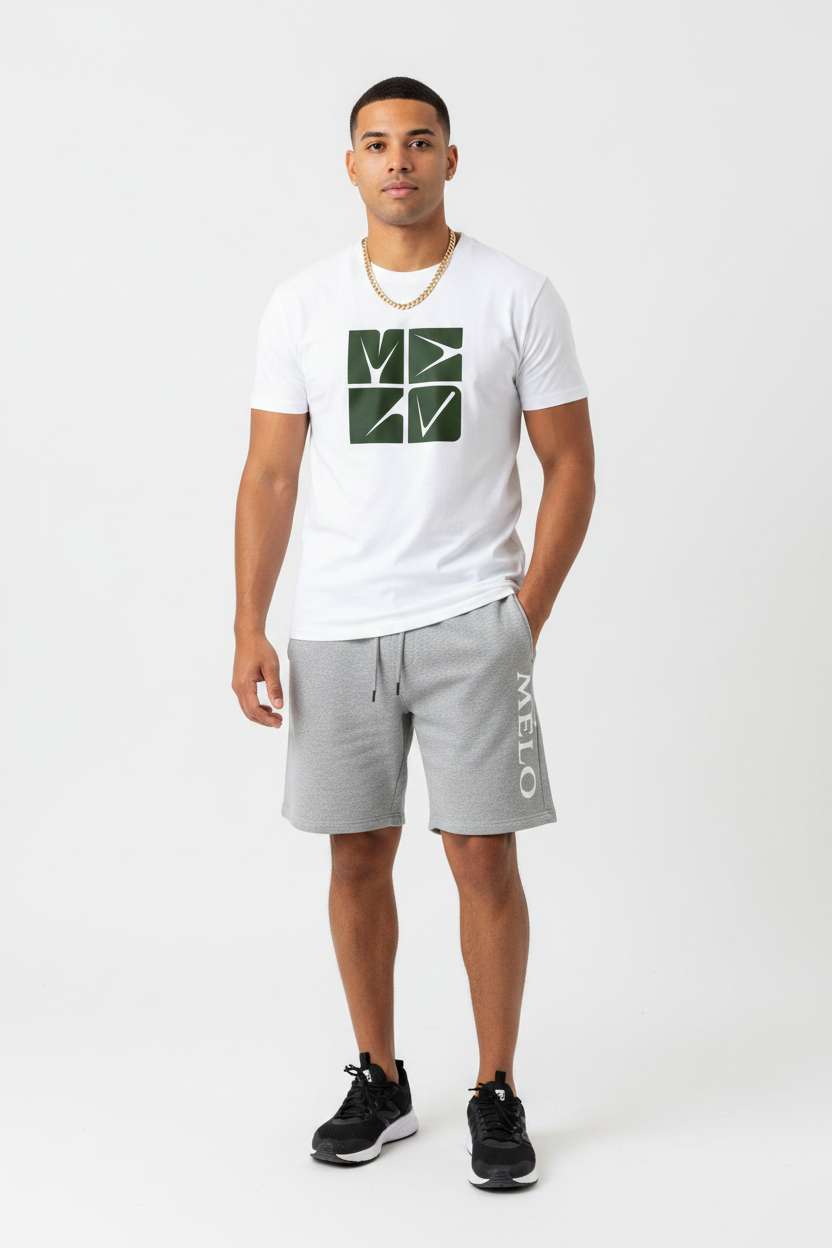 Mélo Abstract Tee + Grey Shorts – Brown Male Model