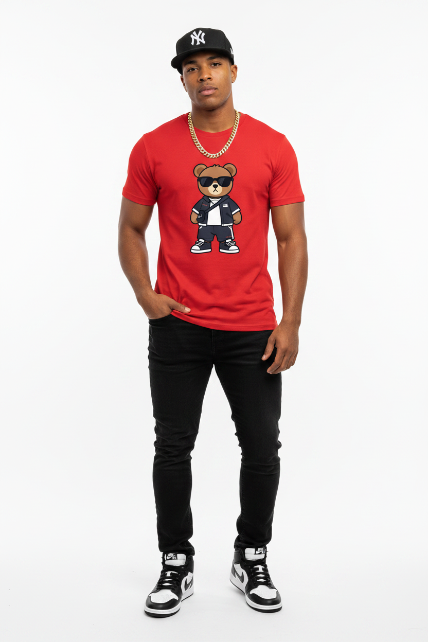 Mélo Bear – Red – Strong Brown Male + NY Cap + Chain + Black Denim